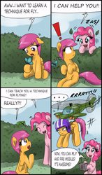 Size: 1794x3080 | Tagged: safe, artist:ciriliko, pinkie pie, scootaloo, earth pony, pony, comic, creeper, helicopter, scootaloo can't fly, zas