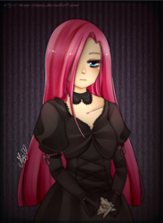 Size: 824x1124 | Tagged: safe, artist:mizz-chama, pinkie pie, choker, clothes, dress, goth, gothic, hair over one eye, humanized, pinkamena diane pie, solo