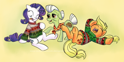 Size: 1466x732 | Tagged: safe, artist:immortaltanuki, applejack, granny smith, rarity, earth pony, pony, unicorn, clothes, sweater