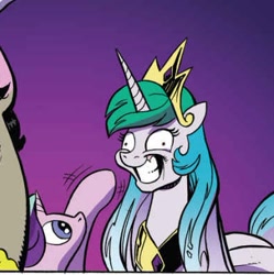 Size: 391x393 | Tagged: safe, artist:andypriceart, idw, accord, discord, princess celestia, starlight glimmer, alicorn, pony, unicorn, accord (arc), chaos theory (arc), conclusion: and chaos into the order came, spoiler:comic, spoiler:comic50, boop, contemplating insanity, derp, female, gradient background, grin, mare, mind control, shrunken pupils, slasher smile, smiling, stepford smiler, waving, wide eyes