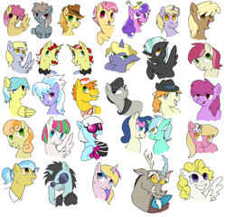 Size: 2447x2345 | Tagged: safe, artist:flower-power-love, berry punch, berryshine, blossomforth, bon bon, braeburn, candy mane, carrot cake, cloudchaser, derpy hooves, dinky hooves, discord, dizzy twister, doctor fauna, dust devil, flam, flim, holly dash, junebug, lily, lily valley, lyra heartstrings, mjölna, neon lights, octavia melody, orange swirl, photo finish, ponet, press pass, press release (character), rising star, roseluck, screwball, shutterfly, surprise, sweetie drops, thunderlane, earth pony, pegasus, pony, unicorn, g1, background pony, blushing, female, flim flam brothers, g1 to g4, generation leap, glasses, happy, hat, lesbian, lyrabon, shipping, simple background, smiling, sunglasses, tracy flash, white background