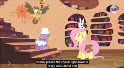 Size: 853x470 | Tagged: safe, screencap, angel bunny, fluttershy, spike, dragon, pegasus, pony, just for sidekicks, youtube caption