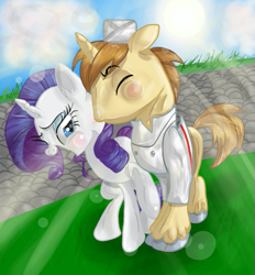 Size: 667x719 | Tagged: safe, artist:lovelye, donut joe, rarity, pony, unicorn, blushing, female, kissing, male, rarijoe, shipping, straight