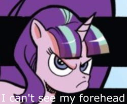 Size: 1321x1080 | Tagged: safe, artist:andypriceart, starlight glimmer, pony, angry, comic, cropped, equal cutie mark, evil, glare, i can't see my forehead, patrick star, patty hype, simple background, solo, spongebob squarepants