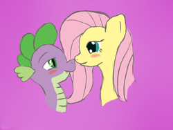 Size: 1024x768 | Tagged: safe, artist:lordzid, fluttershy, spike, dragon, pegasus, pony, blushing, female, flutterspike, male, shipping, straight