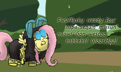 Size: 1024x610 | Tagged: safe, artist:inkiepie, fluttershy, fluffy pony, pegasus, pony, bunny ears, clothes, dangerous mission outfit, female, fluffyshy, goggles, hoodie, mare, solo