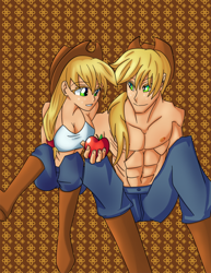 Size: 600x777 | Tagged: safe, artist:icedroplet, applejack, applejack (male), apple, applejacked, applejacks (shipping), applerack, breasts, cleavage, female, hatless, humanized, male, missing accessory, muscles, rule 63, self ponidox, selfcest, shipping, straight