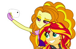 Size: 4564x2998 | Tagged: safe, artist:mit-boy, adagio dazzle, sunset shimmer, equestria girls, absurd resolution, cellphone, clothes, female, fingerless gloves, gloves, leather jacket, lesbian, phone, selfie, shipping, smartphone, smiling, sunsagio, when she smiles
