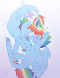 Size: 1000x1300 | Tagged: safe, artist:shinningblossom12, derpibooru import, rainbow blitz, rainbow dash, pegasus, pony, seapony (g4), my little pony: the movie, colored hooves, dashblitz, female, kissing, male, rule 63, seaponified, seapony rainbow dash, self ponidox, selfcest, shipping, simple background, species swap, stallion, straight, white background, wide eyes