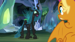 Size: 1280x720 | Tagged: safe, screencap, ocellus, queen chrysalis, smolder, changeling, changeling queen, dragon, what lies beneath, disguise, disguised changeling, dragoness, female