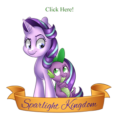 Size: 1940x1837 | Tagged: safe, artist:scarlet-spectrum, spike, starlight glimmer, dragon, pony, unicorn, banner, commission, crossed arms, leaning, looking at each other, male, shipping, simple background, smiling, sparlight, straight, transparent background