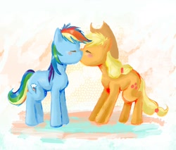 Size: 968x825 | Tagged: safe, artist:lotothetrickster, derpibooru import, applejack, rainbow dash, earth pony, pegasus, pony, appledash, female, kissing, lesbian, shipping, traditional art, watercolor painting