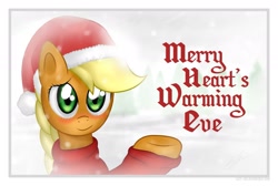 Size: 1651x1110 | Tagged: safe, artist:eugene-joe-c, applejack, earth pony, pony, braid, clothes, hat, hearth's warming eve, santa hat, sweater