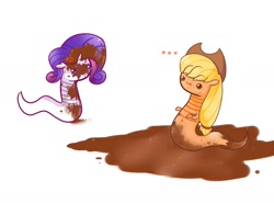 Size: 1280x949 | Tagged: safe, artist:mylittlewormys, applejack, rarity, worm, ..., cross-popping veins, dirty, mud, species swap, worms