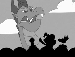 Size: 500x375 | Tagged: safe, artist:eliwood10, pinkie pie, spike, dragon, earth pony, pony, cinema, crossover, crow t robot, monochrome, movie, mystery science theater 3000, tom servo