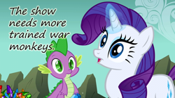 Size: 640x360 | Tagged: safe, edit, edited screencap, screencap, rarity, spike, dragon, pony, unicorn, a dog and pony show, derp, duo, faic, gem, glowing horn, insane pony thread, tumblr, war, war monkeys