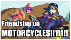 Size: 800x449 | Tagged: safe, screencap, indigo zap, sunset shimmer, equestria girls, friendship games, card games on motorcycles, impact font, littlekuriboh, motorcross, reference, yu-gi-oh!, yu-gi-oh! 5d's, yugioh abridged