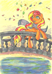 Size: 1280x1828 | Tagged: safe, artist:cloud-up, sunset shimmer, pony, unicorn, autumn, autumn leaves, bridge, clothes, colored pupils, leaves, open mouth, scarf, smiling, solo, traditional art, water