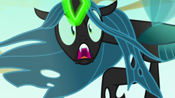 Size: 1280x720 | Tagged: safe, screencap, queen chrysalis, changeling, changeling queen, to where and back again, female, glowing horn, satisfying frown, solo