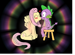 Size: 1280x932 | Tagged: artist needed, safe, fluttershy, spike, dragon, pegasus, pony, blushing, flutterspike, kissing, palindrome get, shipping, stool