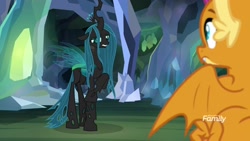 Size: 1920x1080 | Tagged: safe, screencap, ocellus, queen chrysalis, smolder, changeling, changeling queen, dragon, what lies beneath, crysalis, disguise, disguised changeling, female, sad