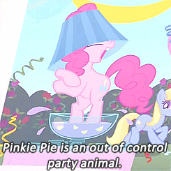 Size: 245x245 | Tagged: safe, screencap, cloud kicker, pinkie pie, earth pony, pony, ponyville confidential, bipedal, caption, cropped, hat, lampshade, lampshade hat, punch, punch (drink), punch bowl