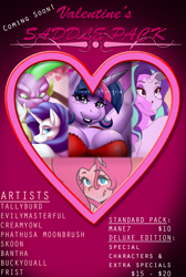 Size: 1136x1695 | Tagged: safe, artist:da3rd, artist:evilymasterful, artist:tallyburd, artist:thecreamyowl, pinkie pie, rarity, spike, starlight glimmer, twilight sparkle, anthro, dragon, art pack, art pack cover, valentine's day