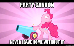 Size: 625x390 | Tagged: safe, pinkie pie, earth pony, pony, female, image macro, mare, party cannon, pink coat, pink mane, solo