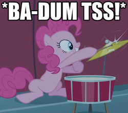 Size: 400x354 | Tagged: safe, edit, edited screencap, screencap, pinkie pie, earth pony, pony, baby cakes, ba dum tss, cropped, cymbals, dexterous hooves, drums, drumsticks, hoof hold, image macro, musical instrument, rimshot, solo