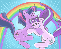 Size: 1280x1028 | Tagged: safe, artist:generictack, starlight glimmer, twilight sparkle, twilight sparkle (alicorn), alicorn, pony, unicorn, crying, eyes closed, floppy ears, rainbow, smiling, wingless