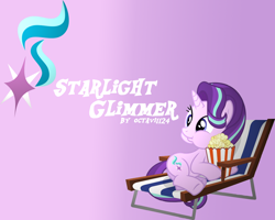 Size: 1280x1024 | Tagged: safe, artist:octavi1124, starlight glimmer, pony, unicorn, chair, female, food, gradient background, lawn chair, lying down, mare, popcorn, puffy cheeks, solo, wallpaper