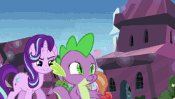 Size: 700x394 | Tagged: safe, screencap, atticus, cherry valley, spike, starlight glimmer, toastie, crystal pony, dragon, pony, the crystalling, animated, crystal varado, female, filly, gif, male, mare, rose quartz, scroll, stallion, subtitles