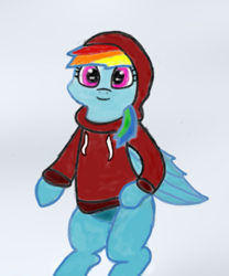 Size: 701x841 | Tagged: safe, artist:sunnzio, derpibooru import, rainbow dash, pegasus, pony, clothes, female, hoodie, simple background, solo, white background