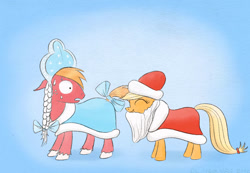 Size: 720x498 | Tagged: safe, artist:el-yeguero, applejack, big macintosh, earth pony, pony, crossdressing, ded moroz, male, ribbon, russian, santa claus, snegurochka, stallion