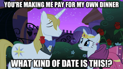 Size: 625x351 | Tagged: safe, prince blueblood, rarity, pony, unicorn, female, horn, image macro, male, mare, sad, stallion