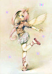 Size: 900x1293 | Tagged: safe, artist:aruurara, fluttershy, anthro, plantigrade anthro, clothes, cute, feet, happy, sandals, skirt, solo, sweater, sweatershy