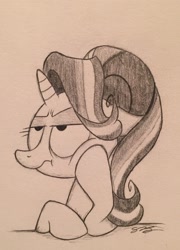 Size: 1712x2379 | Tagged: safe, artist:sparkarez, starlight glimmer, pony, unicorn, bored, lidded eyes, monochrome, solo, traditional art, waiting