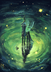 Size: 1240x1755 | Tagged: safe, artist:plainoasis, queen chrysalis, changeling, changeling queen, crown, crying, female, floppy ears, jewelry, looking up, reflection, regalia, sad, solo, spread wings, standing, stars, water, wings