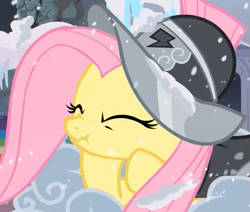 Size: 633x537 | Tagged: safe, screencap, fluttershy, private pansy, pegasus, pony, hearth's warming eve (episode), cropped, eyes closed, hearth's warming eve, helmet, scrunchy face, solo