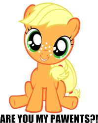 Size: 833x1044 | Tagged: artist needed, source needed, safe, applejack, earth pony, pony, blonde, blonde mane, blonde tail, female, filly, freckles, green eyes, image macro, looking at you, missing accessory, orange coat, simple background, sitting, smiling, solo, text, transparent background