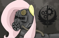 Size: 900x591 | Tagged: safe, artist:akkiv, fluttershy, pegasus, pony, badass, brotherhood of steel, crossover, fallout, flutterbadass, power armor, powered exoskeleton