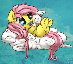 Size: 1000x881 | Tagged: safe, artist:atryl, angel bunny, fluttershy, pegasus, pony, rabbit, baby, baby pony, babyshy, cloud, cute, daaaaaaaaaaaw, diabetes, filly, foal, hnnng, hooves, pacifier, plushie, shyabetes, solo, underhoof, weapons-grade cute