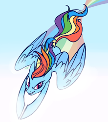 Size: 1324x1500 | Tagged: safe, artist:nessacity, derpibooru import, rainbow dash, pegasus, pony, female, flying, grin, mare, rainbow, smiling, solo, spread wings, wings