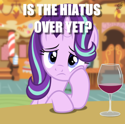 Size: 1200x1191 | Tagged: safe, artist:slb94, starlight glimmer, pony, unicorn, alcohol, bored, hiatus, hype, image macro, meme, question, solo, wine