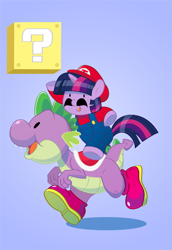 Size: 500x726 | Tagged: safe, artist:silentazrael, derpibooru import, spike, twilight sparkle, dragon, ? block, mario, nintendo, style emulation, super mario bros., super mario world, yoshi