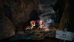 Size: 1920x1080 | Tagged: safe, artist:tehwatever, starlight glimmer, sunset shimmer, pony, unicorn, 3d, campfire, cave, crossover, gmod, megaman, shovel knight, sign, warning sign