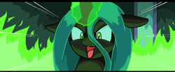 Size: 1109x460 | Tagged: safe, artist:droll3, queen chrysalis, changeling, changeling queen, adoracreepy, creepy, cute, cute little fangs, cutealis, fangs, female, floppy ears, smiling, solo