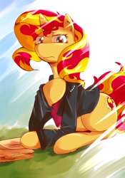 Size: 900x1288 | Tagged: safe, artist:suzumaru, sunset shimmer, pony, unicorn, clothes, jacket, solo