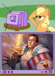 Size: 563x771 | Tagged: safe, applejack, human, pony, exploitable meme, glasses, meme, rainbow dash salutes, salute, stephen colbert, tv meme