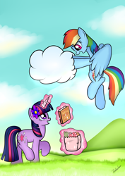 Size: 2480x3507 | Tagged: safe, artist:twidasher, derpibooru import, rainbow dash, twilight sparkle, pegasus, pony, unicorn, book, cloud, female, flower, flower in hair, flying, groceries, lesbian, looking at each other, magic, mare, shipping, sky, smiling, twidash